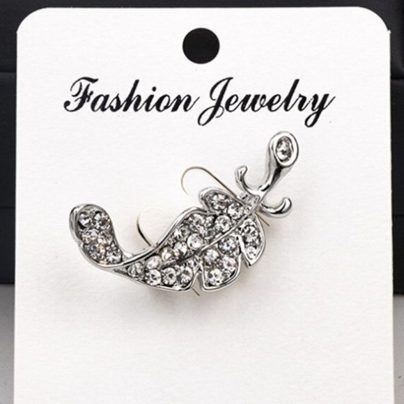 Brooch Feather Leaf Men Woman Rhinestone Sparkle Gemstone Pins - Picture 4 of 4
